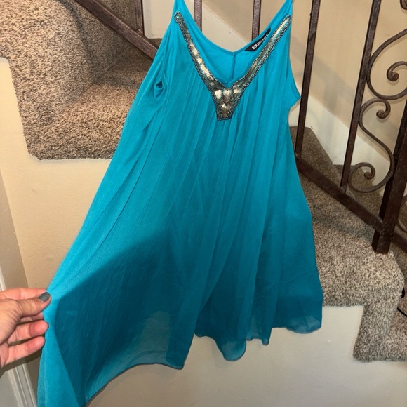 Express Goddess Dress Short Spaghetti Straps L Aura Blue W/Sequin Flowy Lined - Picture 6 of 8